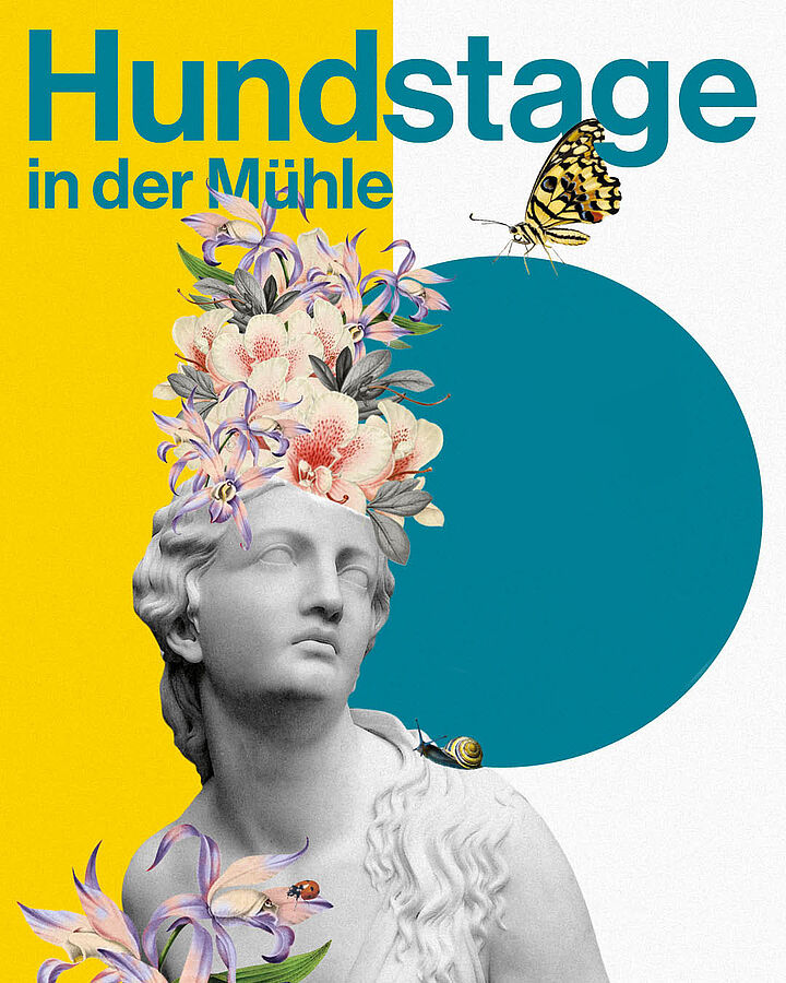 Sommerfestival Plakat mit Damenstatue, Blumen und Schmetterling. Sommerliche Vibes